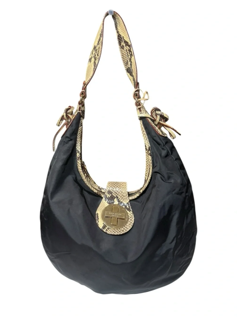 Kate Spade Nylon Black Hobo Shoulder Bag with Gold Snake-Print Trim